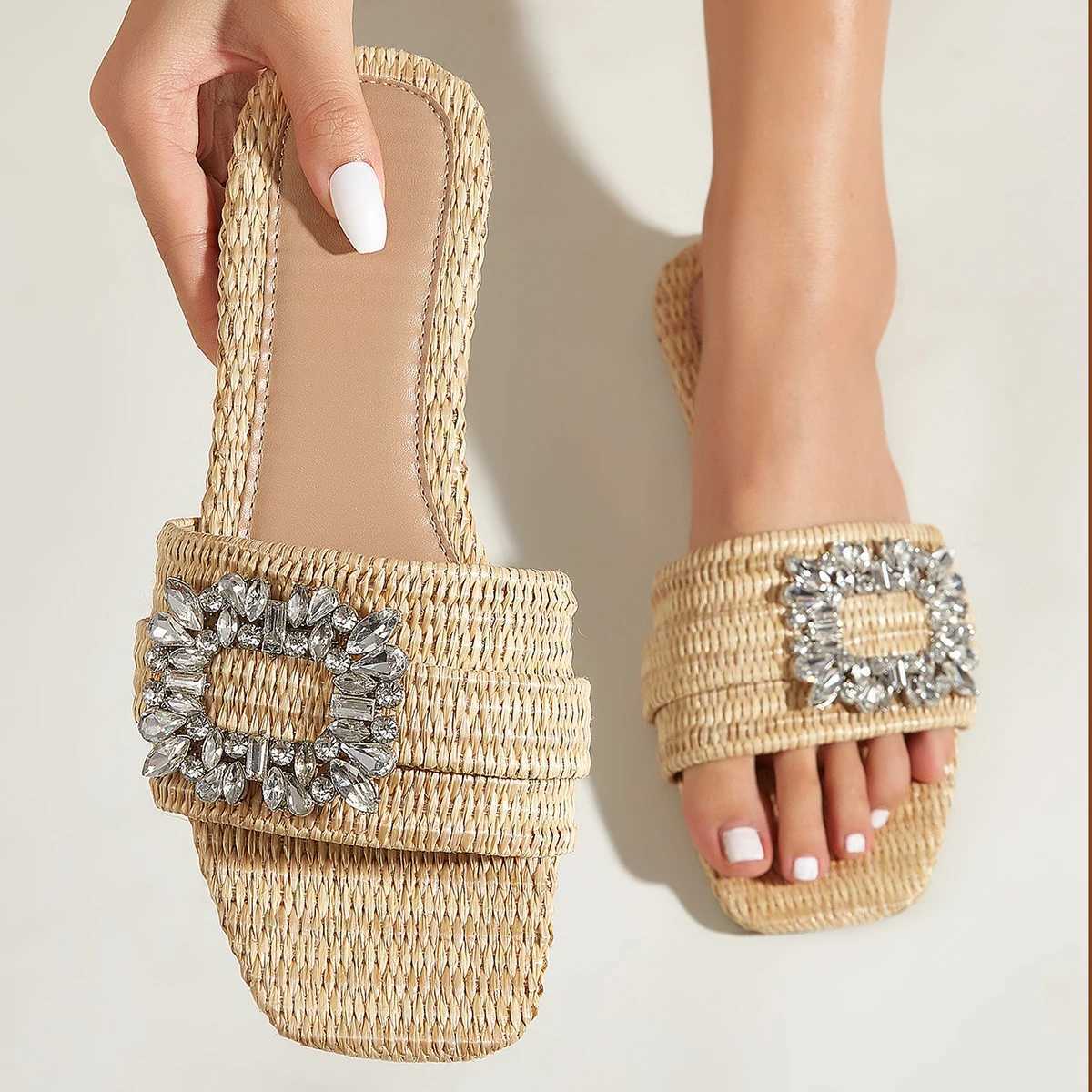 Aneikeh Summer Casual Fi Square in Cane Knitted Flat H for Wen Slippers Flat Bott Crystal Sandals Beach Slides Y250306