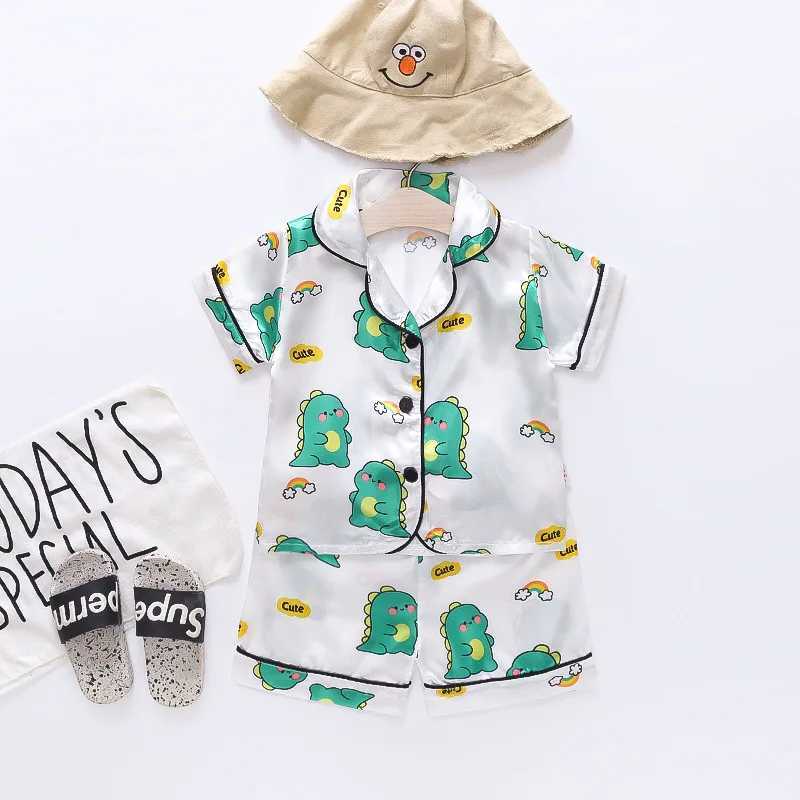 summer new cartoon suit boys and girls casual pajamas suit baby silk ice dinosaur short sleeve shorts housewear suit M250306