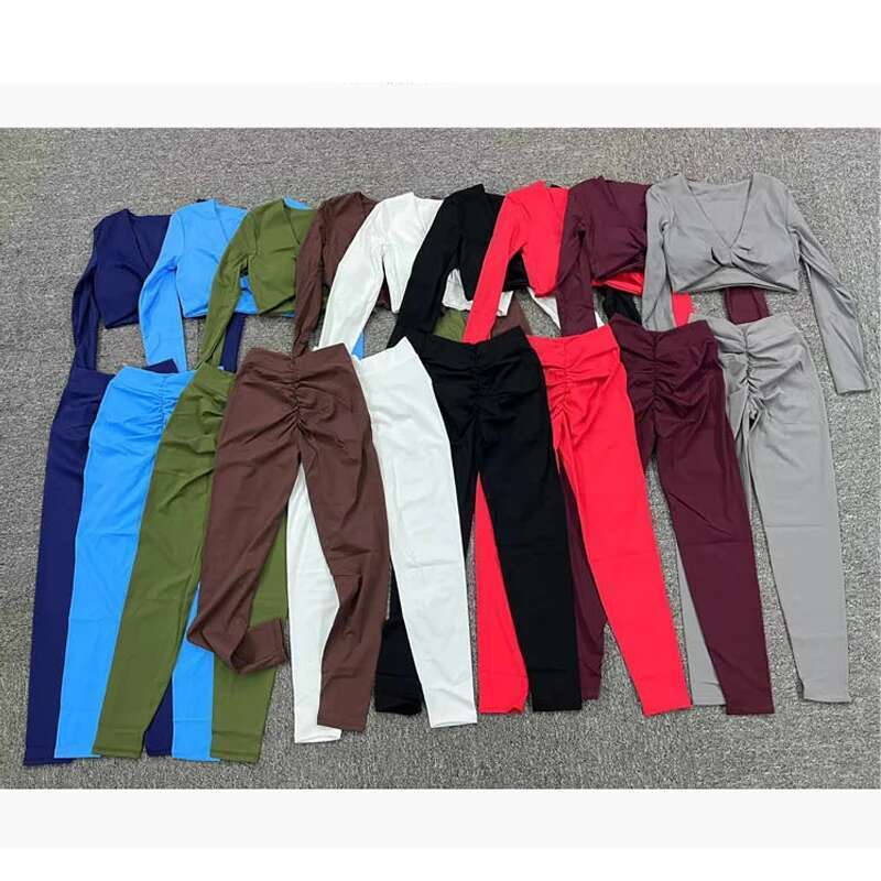 1/2Pcs Pad Long Sleeve Crop Tops Women Yoga Set Sport Gym Scrunch V Back Fiess Leggings Workout Pant Active Suits KLMY