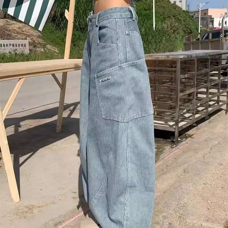 Hip Hop Fashion Y2k Original Design Large Pocket Jeans For Women Retro Spicy Girl Striped Oversize Wide Leg Or Length Pants