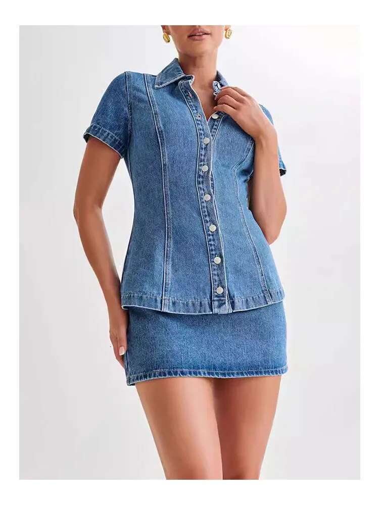 Women Denim Two Piece Sets Single-Breasted Splice Sleeve Jackets Slim Fit Straight Wrap Hip Ultra Short Skirt Female Suits