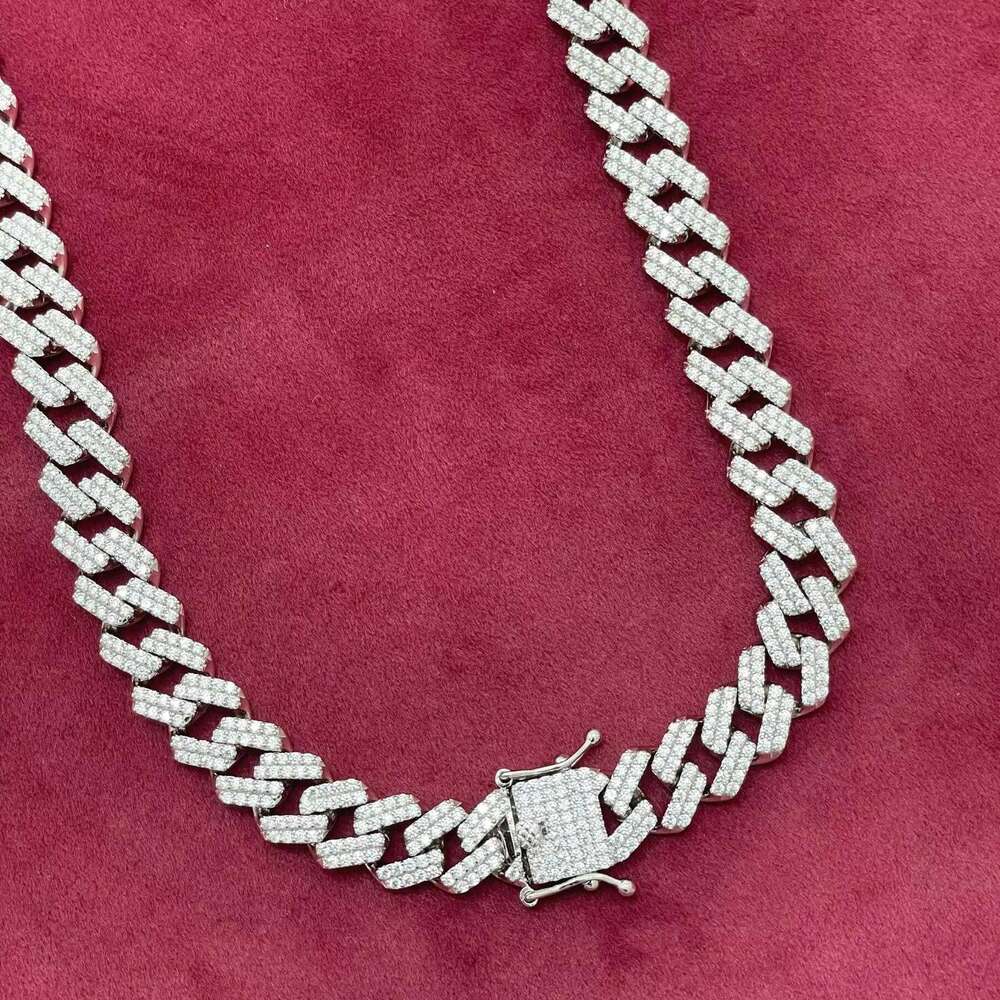 Hip Hop 12Mm Sterg Sier Soild Chain Cubic Zirconia Dia-Studded Miami Cuban K Necklace For Men