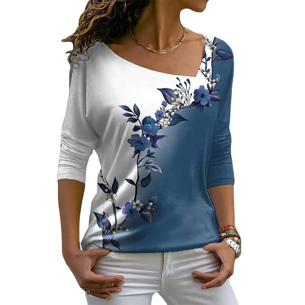 Women Autumn Top Wer Print Contrast Color Long Sleeves V Neck Pullover Warm Soft Ral Pattern Lady T-Shirt Female Clothes