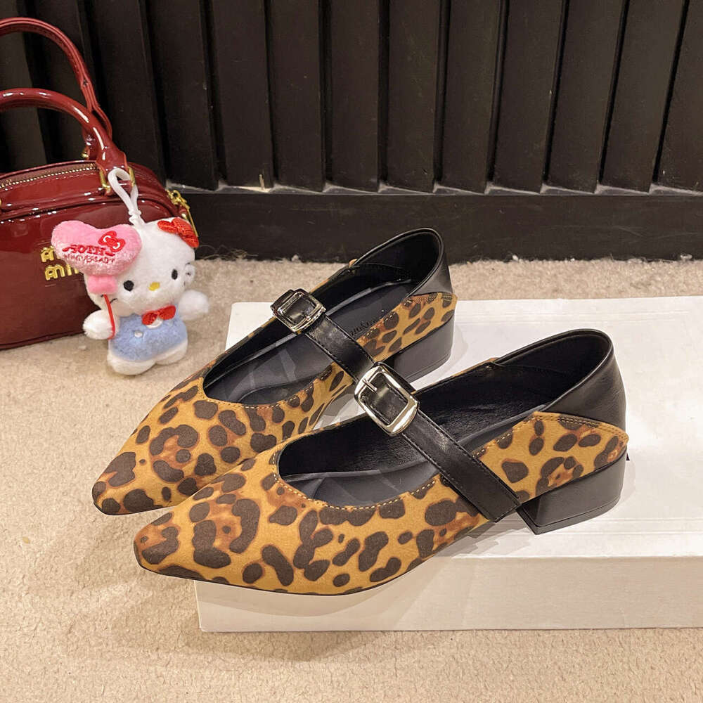 Temperament leopard print single shoe 2025 spring new low heel shallow mouth pointed straight buckle belt Mary Jane women's shoes