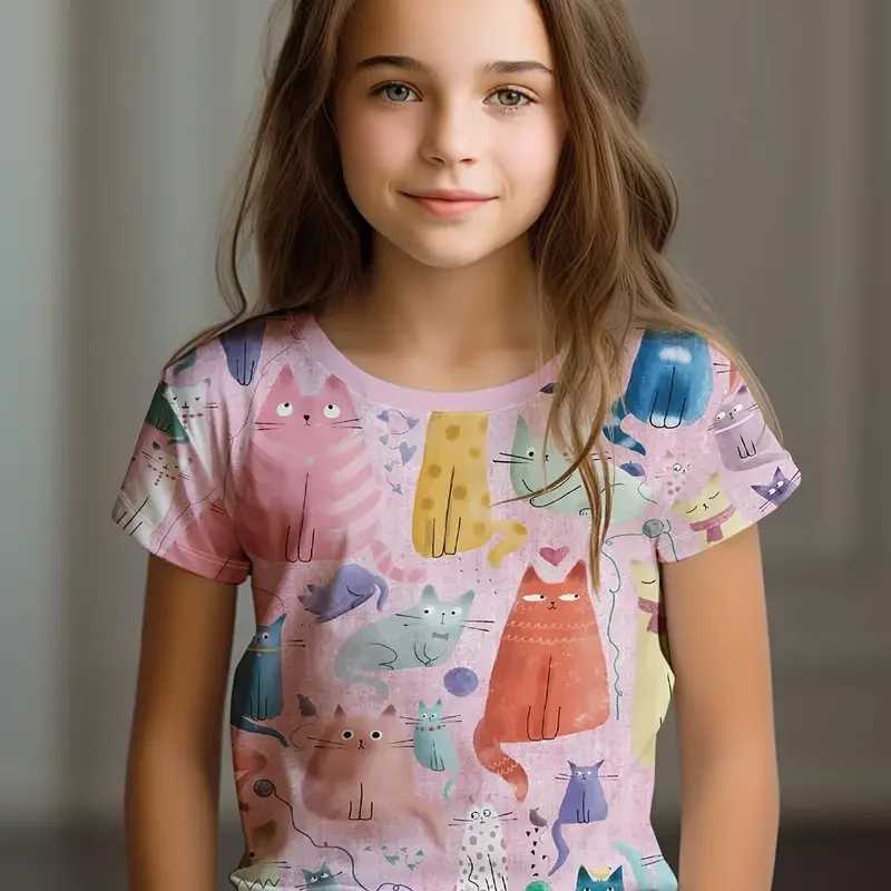 Kids Clothes Childrens T-Shirt Girl Short Sleeve Top Cartoon Cat Kawaii Girls Summer Clothes Child T-Shirt Childrens ClothingT250306