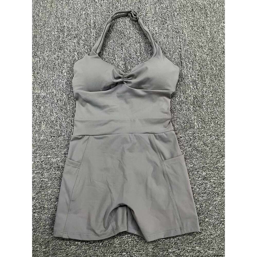 Pad Nylon Women Bodysuit Fiess Suede Yoga Adjustable One-Piece Shorts Set Pockets Gym Sports Push Up Cycg Jumpsuit KLMY