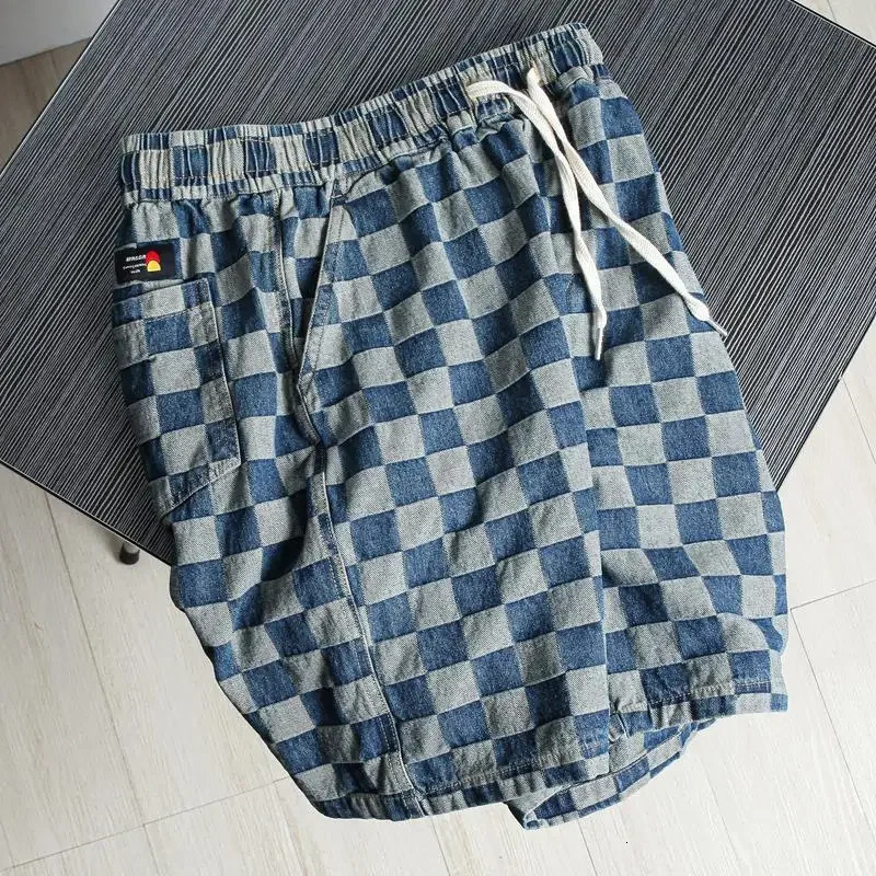 Mens denim shorts half Bermuda loose flat wide pocket mens thin blue Korean fashion Harajuku Xl 250306