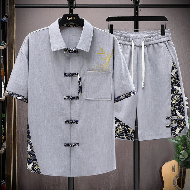 Summer Sets Men Fashion Print Short Sleeved Shirt Shorts Twopiece Chinese style Loose Set Mens 250305