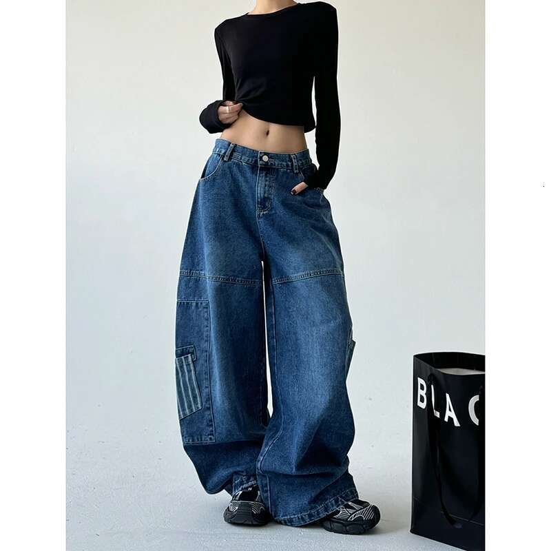 Blue Jeans Women Y2k American Hip Hop Vintage 2000S High Waisted Jean Straight Streetwear Casual Loose Wide Leg Denim Pants