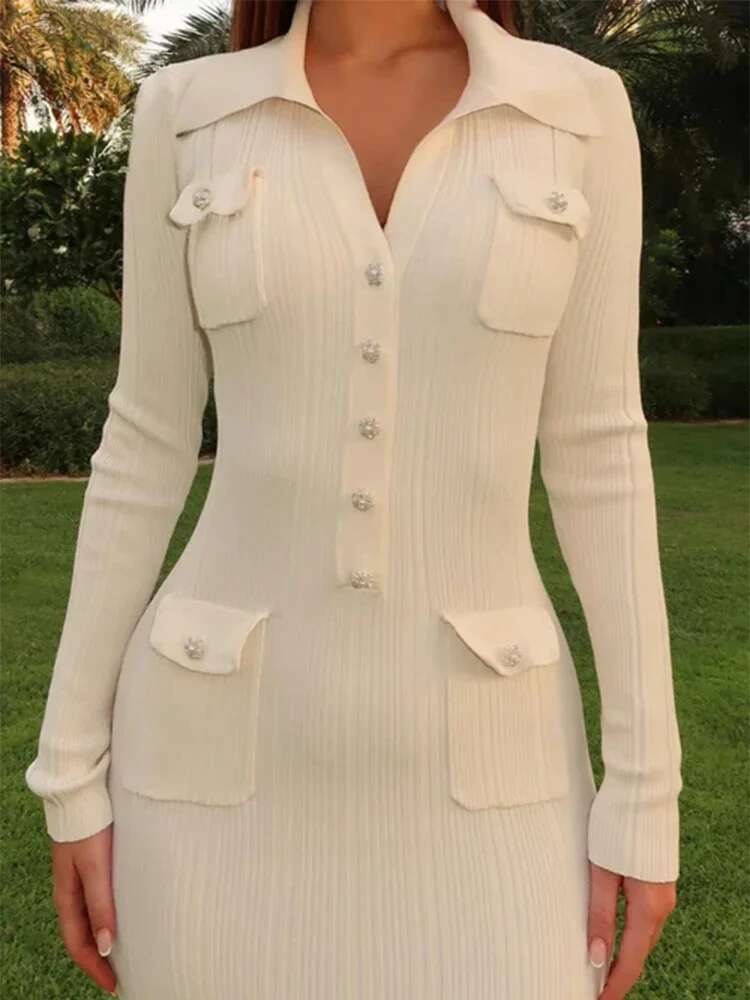 Knitted Elegant Party Woman Slim Lapel Button Pockets Long Dresses Office Lady Full Sleeve Ribbed Robes 2025 Spring New