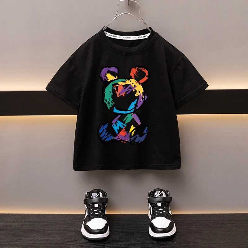 Boys Cotton T-shirt Cartoon Graffiti Bear Printed Girls Tees Summer Short Sleeve Children Tops High Quality Casual Kids ClothesT250306
