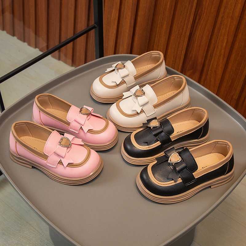 2024 New Girls Loafers Cute Bow Fashion Kids Leather Shoes Slip-on Bow Non-slip Children Casual Shoes Drop Shipping Round-toeT250306