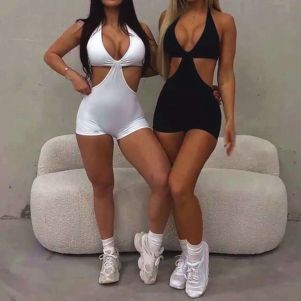New Pad Halter Deep V Neck Clothes Dance Sport Elastic Hollow Bodywork Bodybuilding Yoga One-Piece Pants KLMY