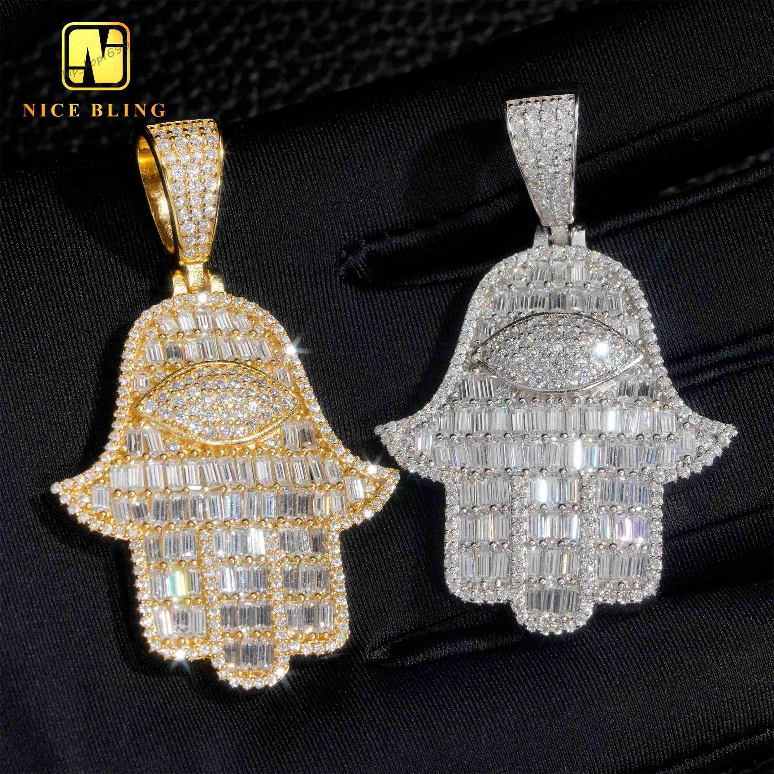 18K Gold Plated Hand Pendants Fashion Hip Hop Moissanite Jewelry Baguette Diamond Hamsa Hand Pendants Charms for Men Women