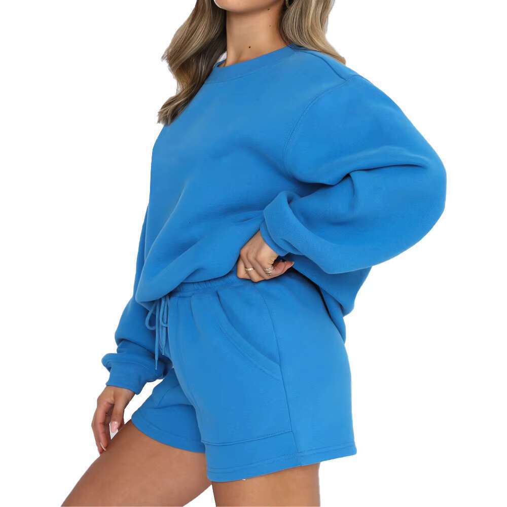 OEM Custom Oversized Cotton Jogger 2 Piece Sets Women Crew Neck Shorts Set Sweatshirt