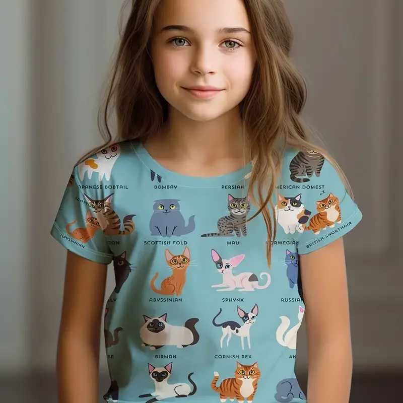 Kids Clothes Childrens T-Shirt Girl Short Sleeve Top Cartoon Cat Kawaii Girls Summer Clothes Child T-Shirt Childrens ClothingT250306