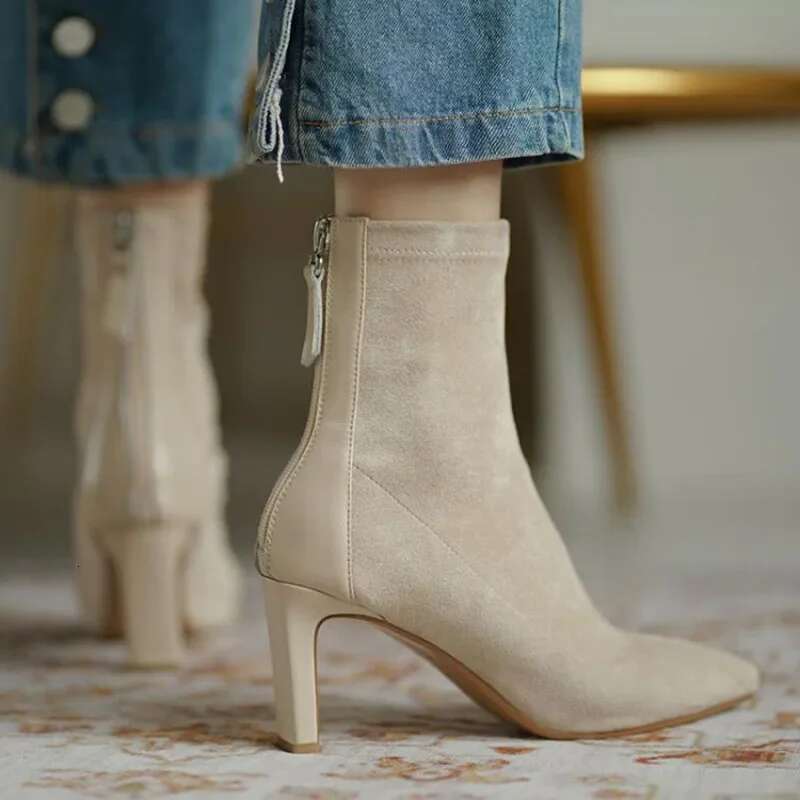 High Suede Women's Korean Style Autumn and Winter Mid Heel Stretch Thin Pointed Toe Back Zip Sock Boots Women