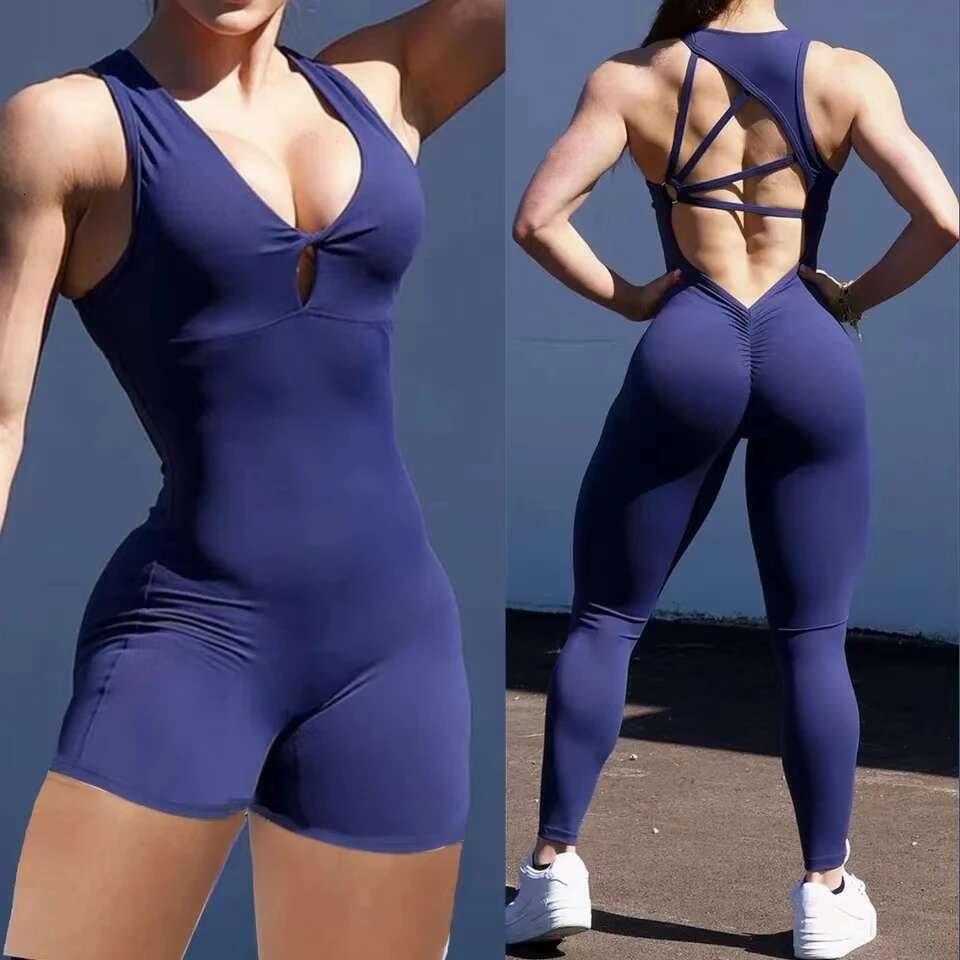 Lycra Gym Yoga Sets One Piece Cup Jumpsuit Sport Women Workout Clothes Long Pants Fiess Womens Outfits Active Suits KLMY