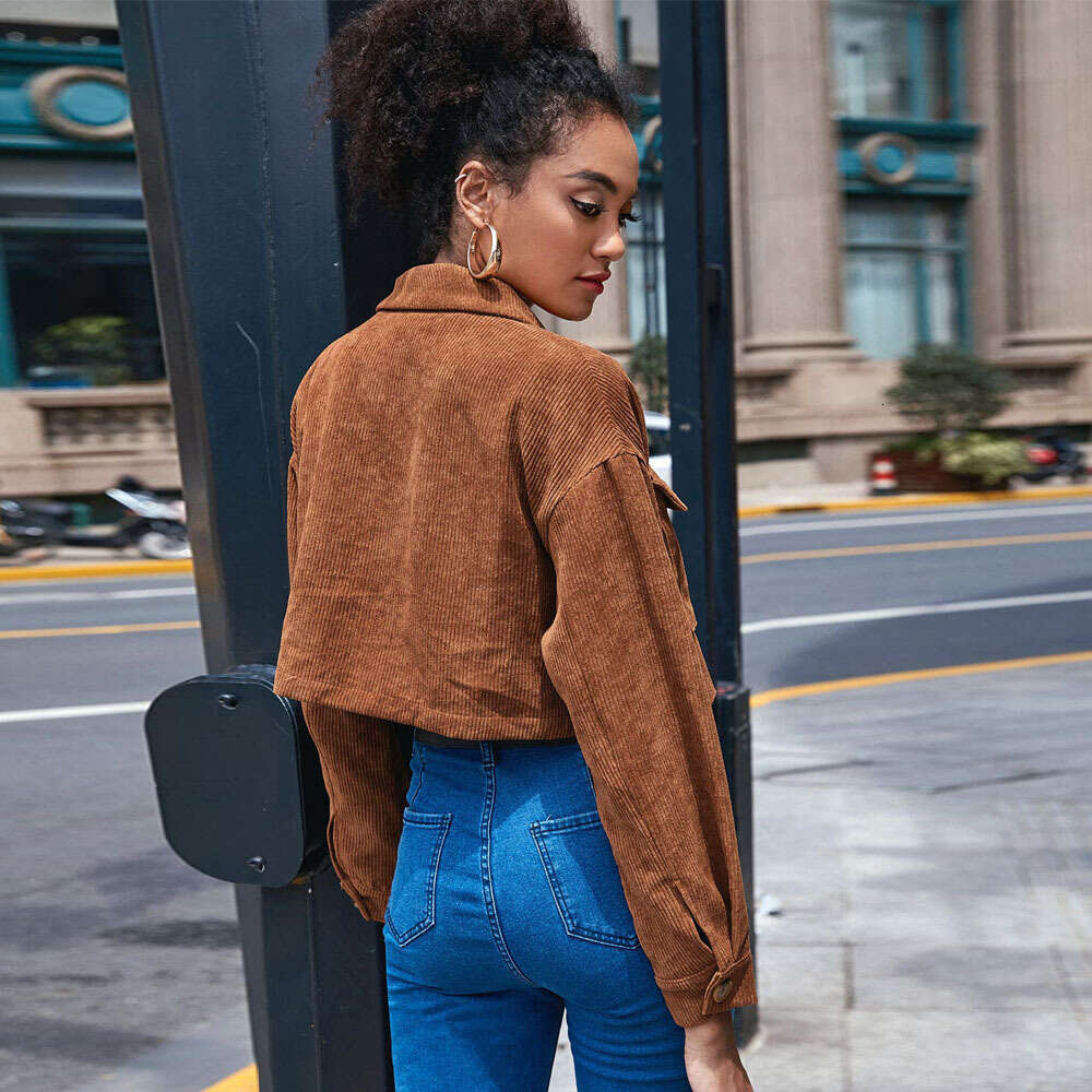 Spring/Summer Women's Casual Single Breasted Organ Bag Flip Collar Corduroy Long Sleeve Jacket KLMY