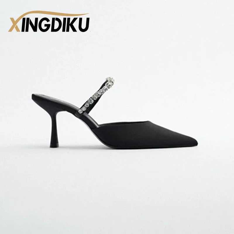High Heel Sandals Summer 2022 New Pointed Toe Stiletto Black Sexy Ladies Sandals Rhine Sequins Big Size Slippers with shoes Y250306