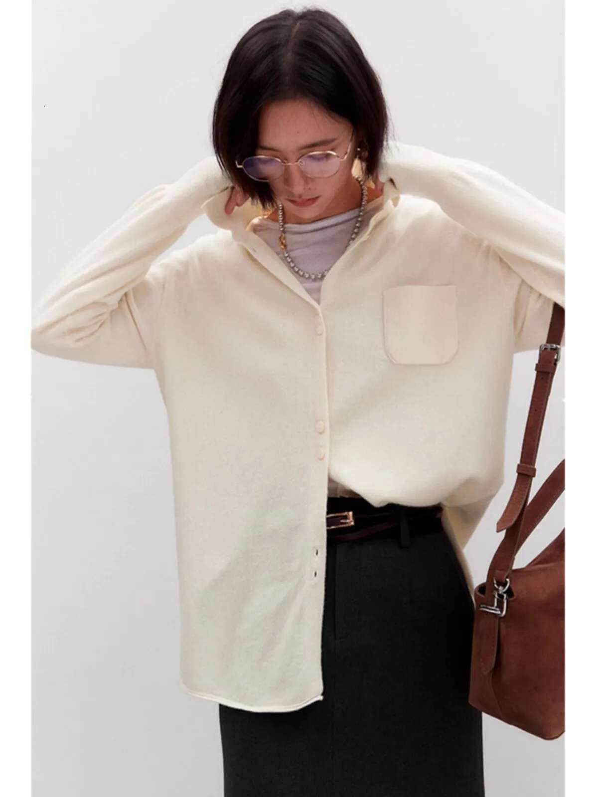 Europe Station Loose Mid-Length POLO Collar 100% Cashmere Knit Cardigan Women's Spring And Autumn Large Size Lapel Sweater