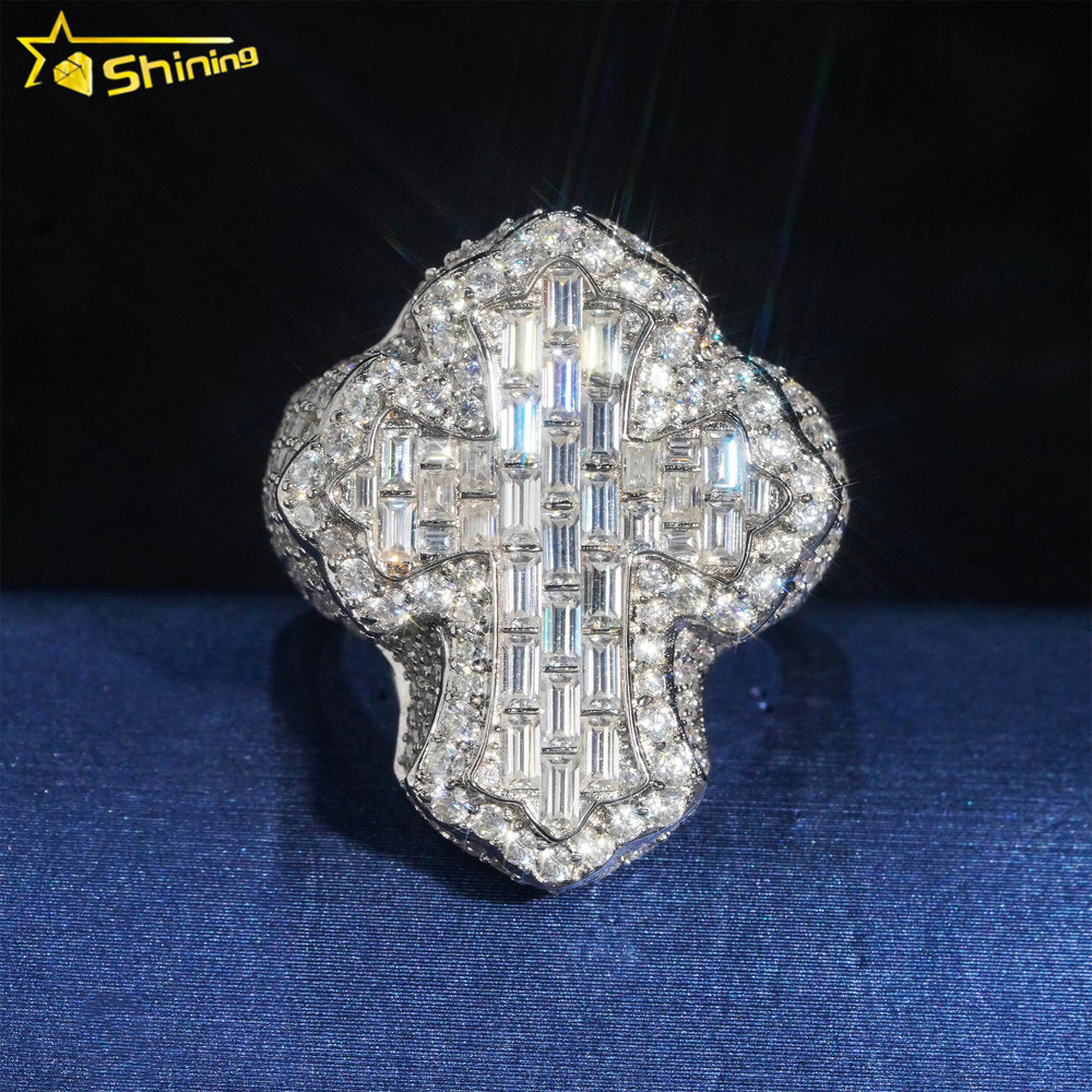 Iced Out Hip Hop Moissanite Jewelry 925 Sterling Silver Diamond Cross Pendants baguette Moissanite Diamond Rings for Men Women