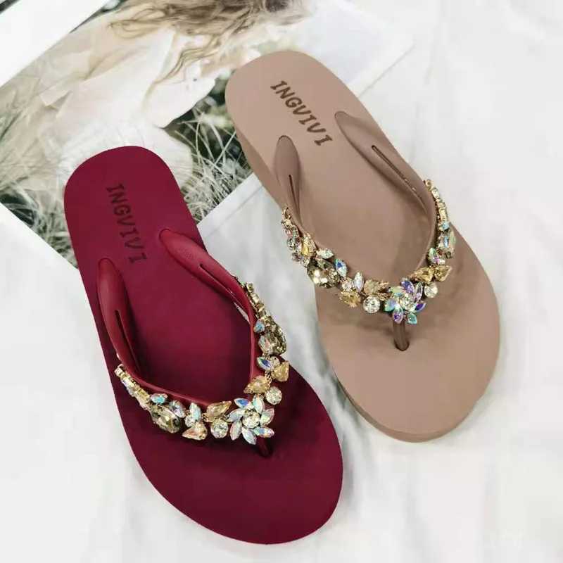 Slippers Wen Glitter Flip Flops Summer 2024 Fi Outdoor Rhine Chain Wedge Beac Jelly Haiian Flat Sandals Y250306