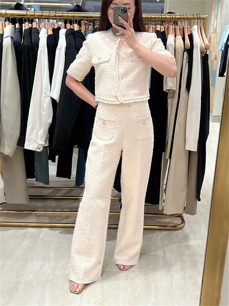 2025 Early Spring Women's French Tweed Set Gold Button O-Neck Sleeve Short Jacket Top Or High Waist Loose Straight Pants
