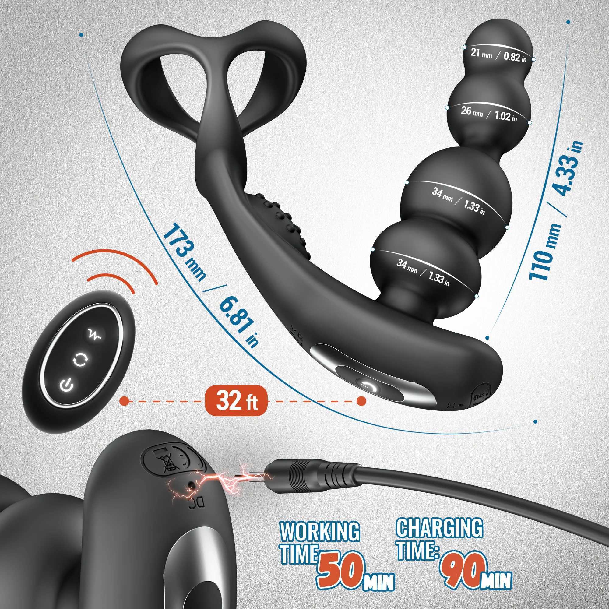 Anal Vibrator 360 Rotate Anal Beads Male Prostate Massager with Cock Ring Wireless Control Vibrating Butt Plug Sex Toys for MenXJ250306