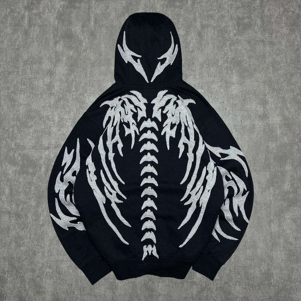 Y2K Cool Tide Dark Night with Unique White Skull Embroidery Design Pattern Black Hoodie