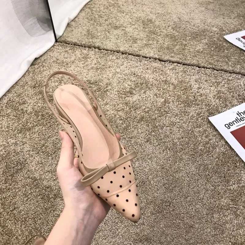Womens 2025 New Polka Dot Chunky Heel Gracef Pointed Toe Shallow Mouth Slimming Baotou Bow Shoes Womens Sandals Y250306