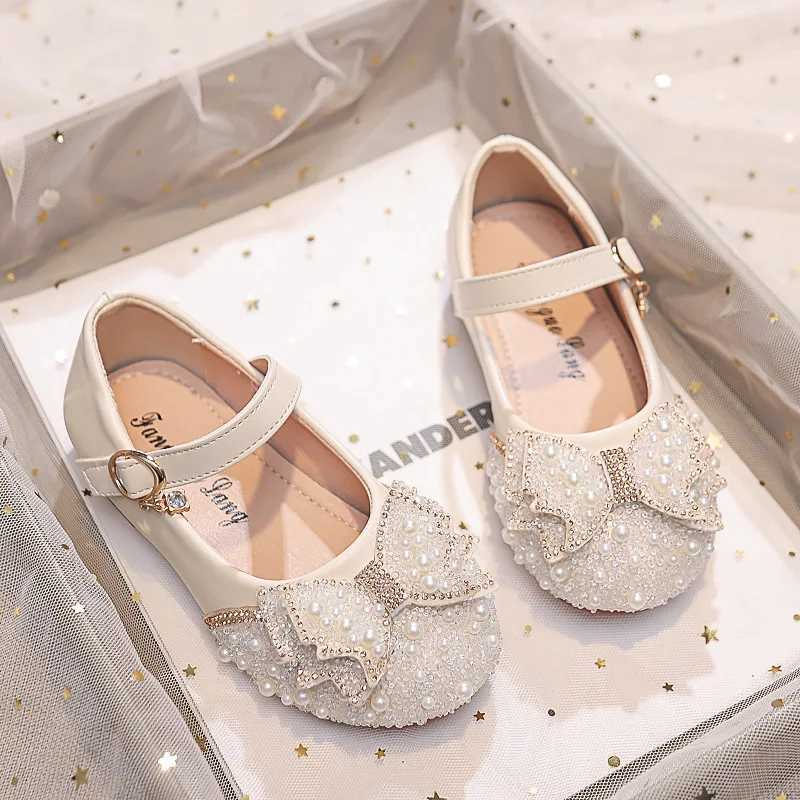 Autumn Fashion Pearl Bow Rhinestone Little Girl Shoes Flat Heels Kids Princess ShoesT250306