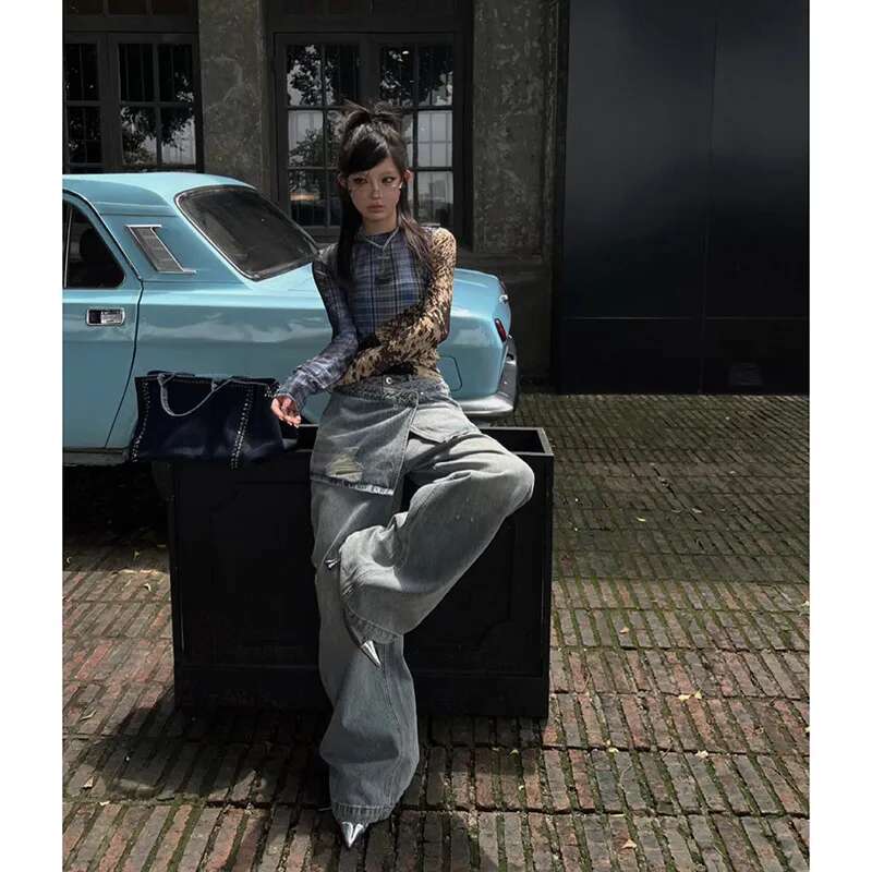 2024 Summer Women's Casual Blue Haruku Jeans Vintage Loose Fit Washed Pants Y2k Wide Leg Punk Baggy Pockets Denim Trouser