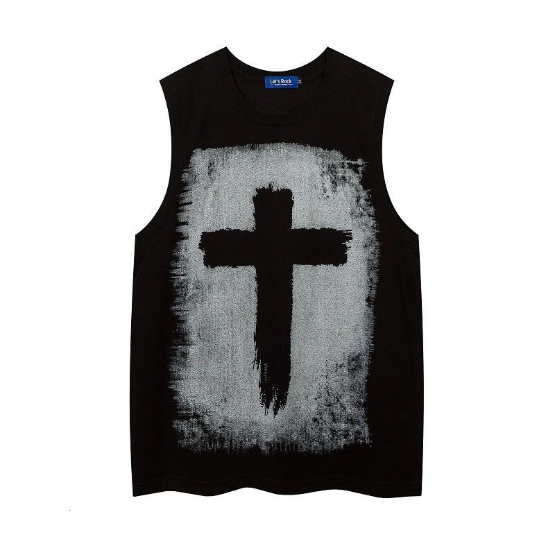 Mens Summer O-neck Sleeveless Short Sleeved Gothic Cross Printed Vests Trendy High Street American Retro Loose Casual Tank Tops 250306