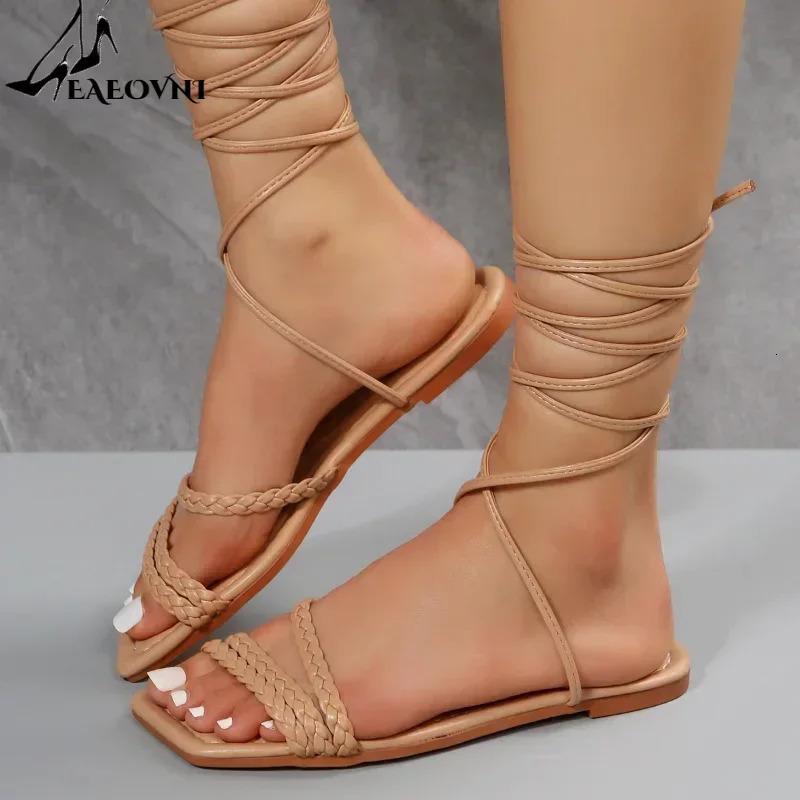 Shoes for Women Summer Fashion Open Toe Flat Sandals Sexy Solid Color Lace Up Beach Sandals for Women Zapatillas De Mujer 250306