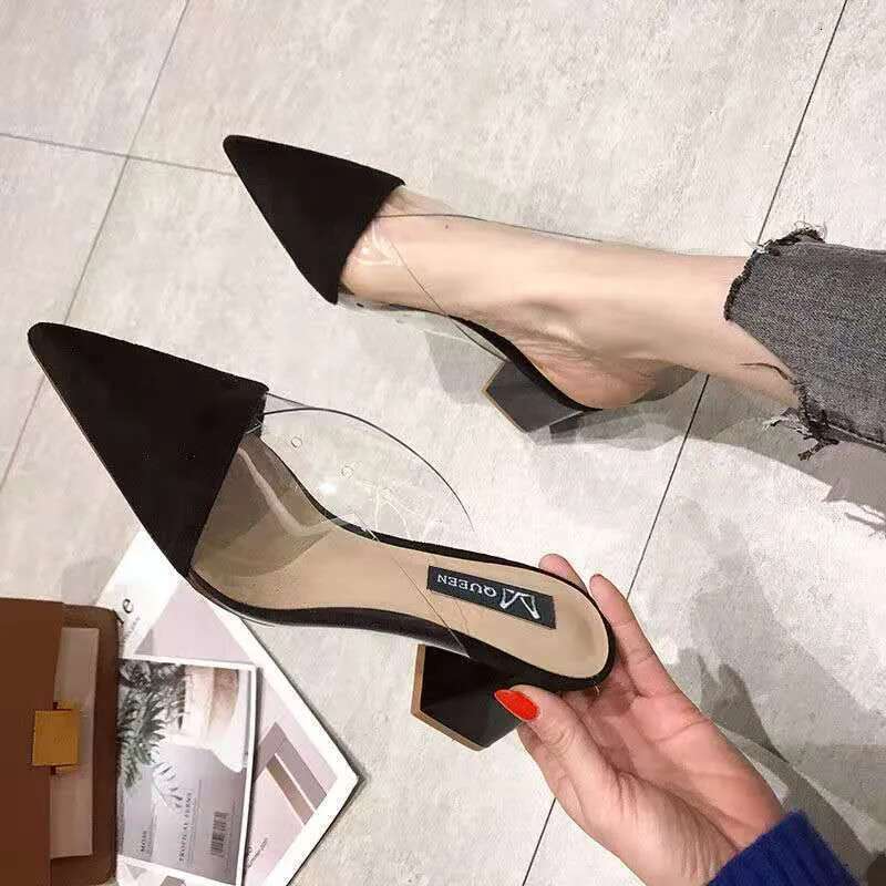 2025 Summer Slippers High Heel 7CM Solid PVC Shoes for Women Outside Wear Suede Slides atos Pointed Sandalias Mujer Verano