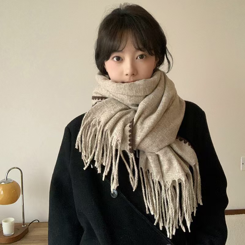 K061 Girly sand beige 2024 new scarf for women winter versatile commuting imitation cashmere scarf Korean version tassel neck scarf