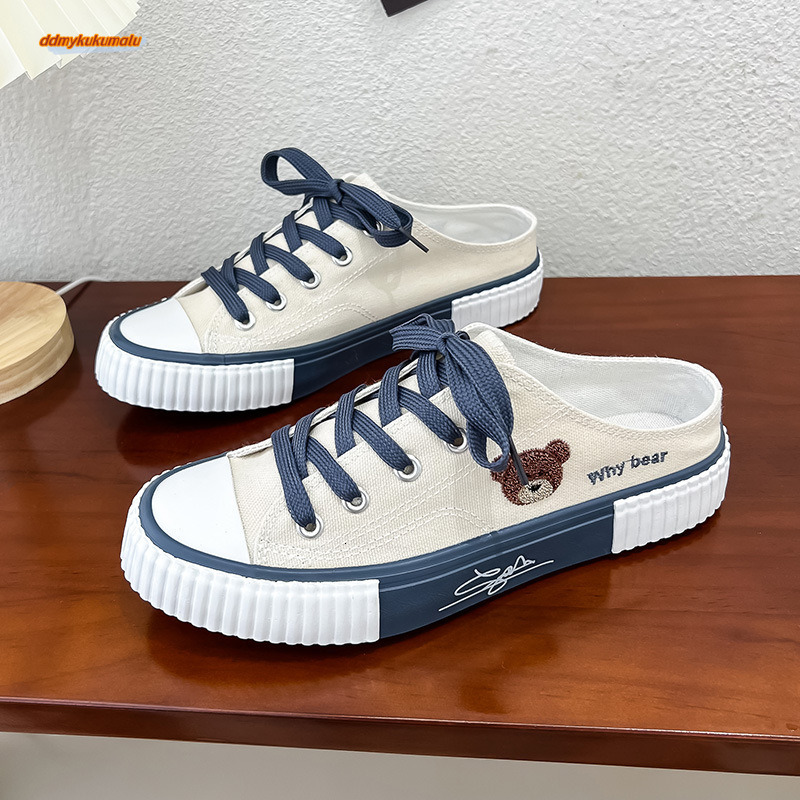 Little Bear Canvas Children's 2023 Summer New Low Top Casual Board Shoes Flat Bottom Korean Edition Trendy Versatile Half Slippers #ddmykukumalu