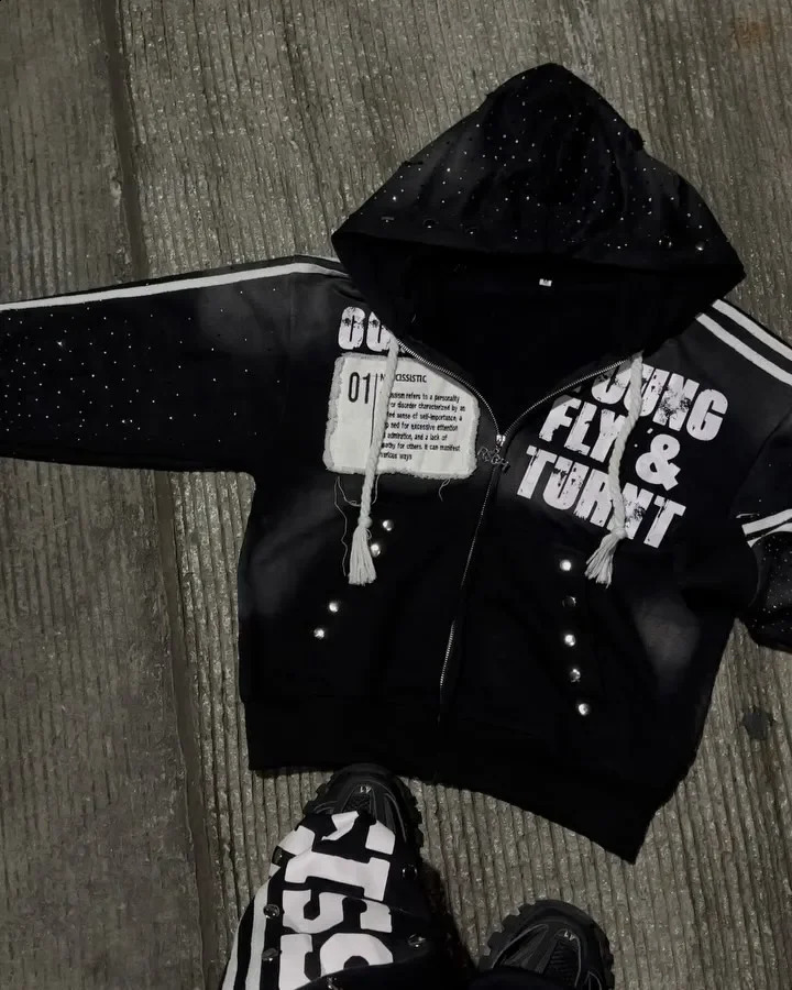 Y2k America Vintage Sequins Rhinestone Embroidery Zipper Hoodie Men Women Punk Gothic Stripe Patchwork Trendy Sweatshirt Hoodies 250305