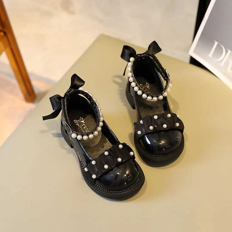 Children Mary Janes Back Riband Ankle Strap Sweet Girls Leather Shoes Round Toe Beading Lovely 26-36 Fashion Kids Autumn ShoesT250306