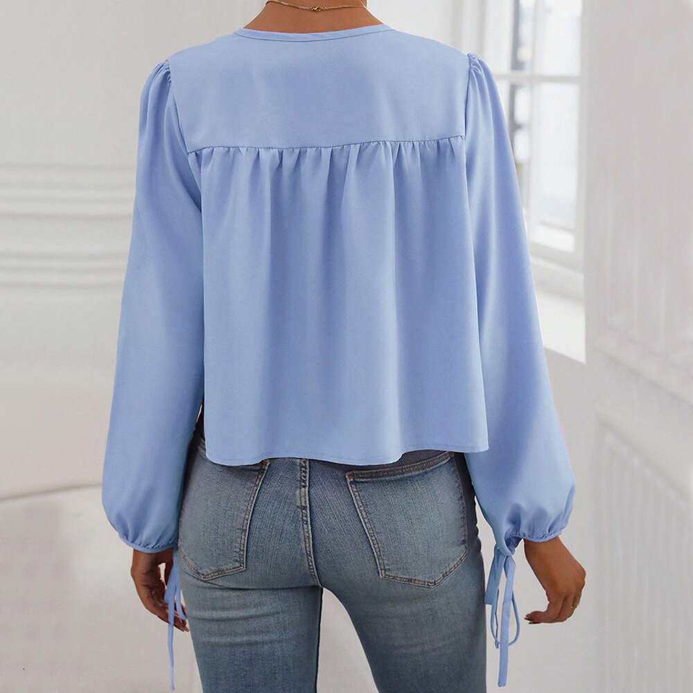 Women's Clothing Autumn And Winter Round Neck Lace Up Bubble Sleeves Loose Casual Temperament Women's Pullover Top KLMY