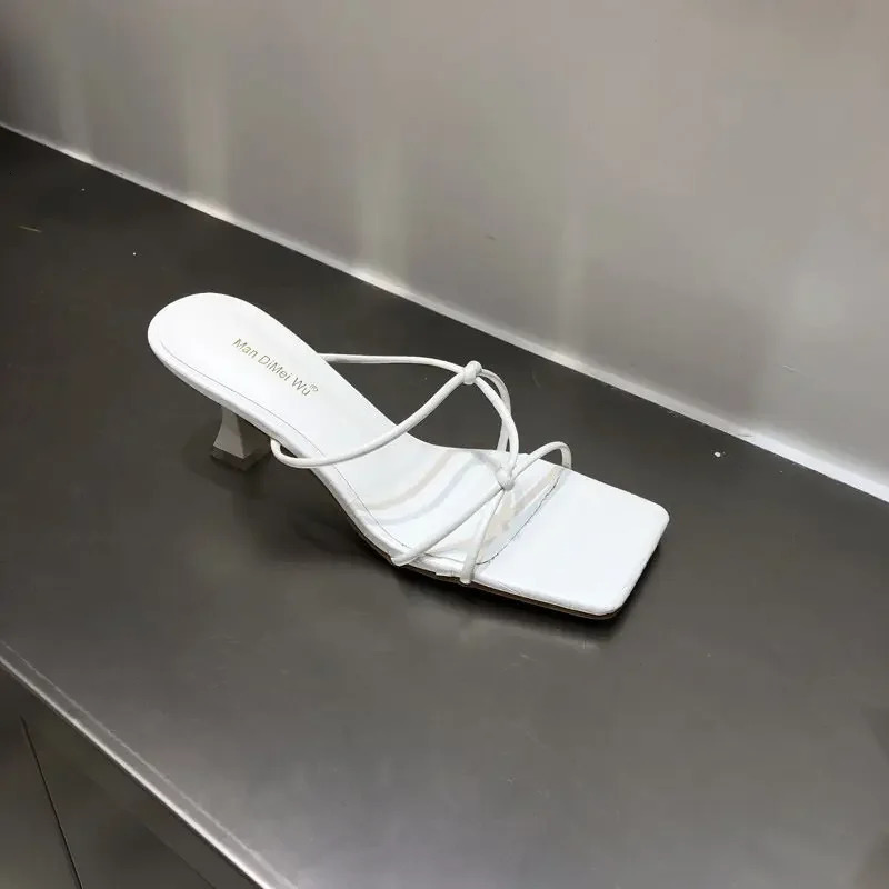 Korean Summer Women Thin Heels Sandals Ins Squared Toe Thin Bandeau Med Heels Slippers Sexy Gold Silver Black Shoes 250306