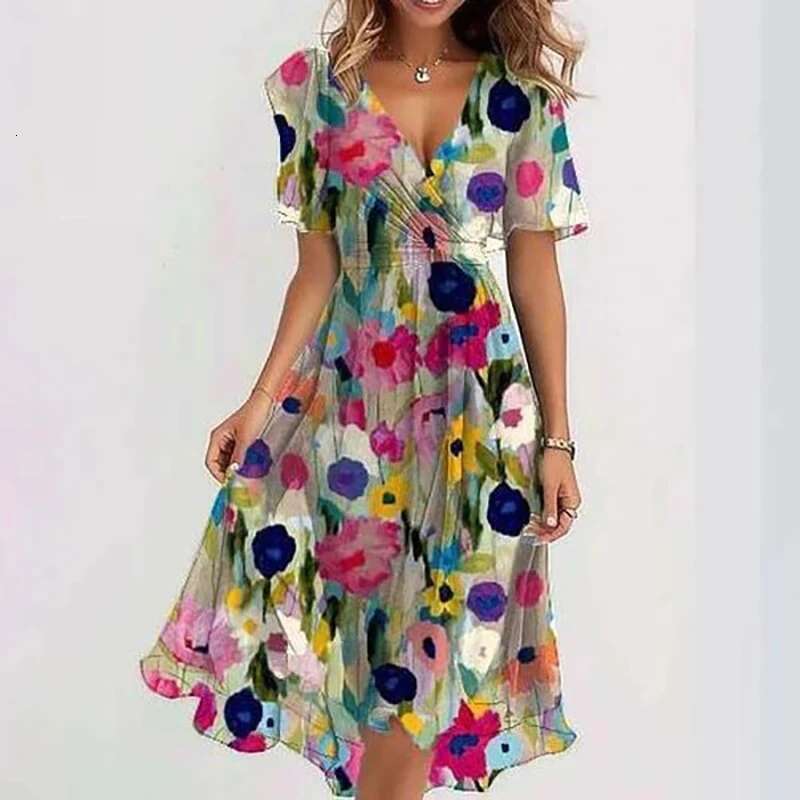 Spring Ral Print Chiffon Women Elegant V Neck Draped A-E Party Dress Summer Short Sleeve High-Waist Office Dresses