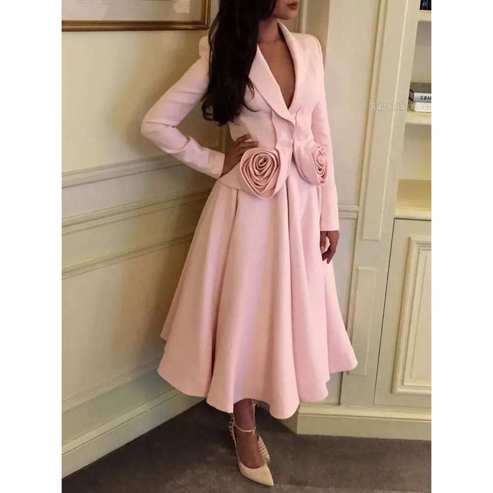 Elegant Two Piece Set For Women Shawl Collar Long Sleeve Spliced Appliques Top High Waist A E Skirt Slim Sets