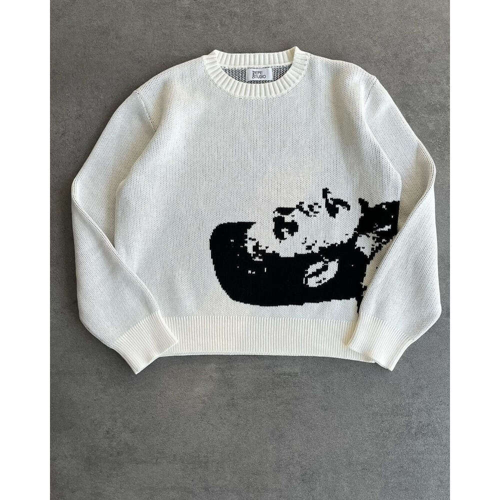 Ins knitted anime jacquard pattern round neck long sleeved high street loose sweater dark style