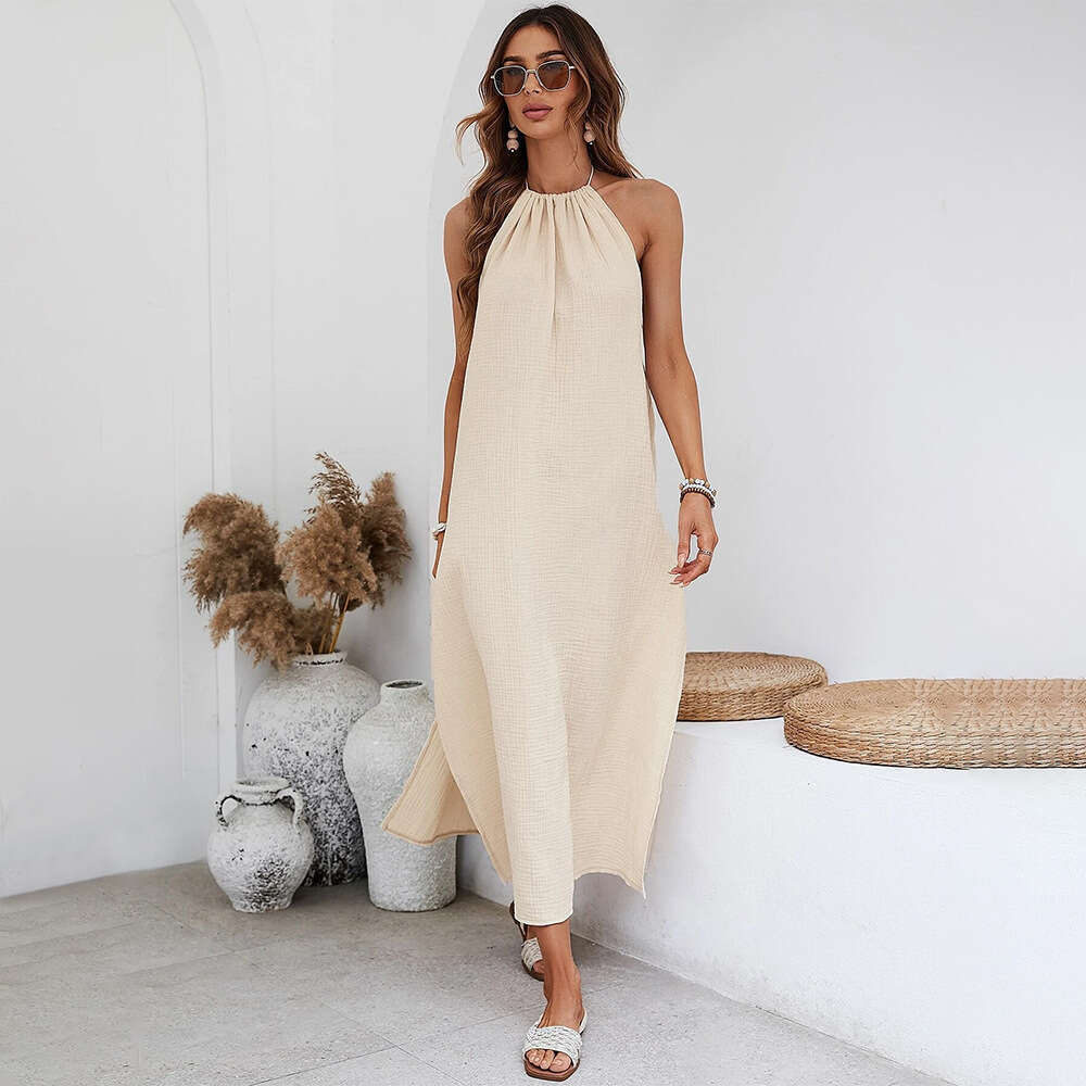 Instagram New Woven Casual Style Design Sense Open Back Beach Vacation Hanging Neck Dress KLMY