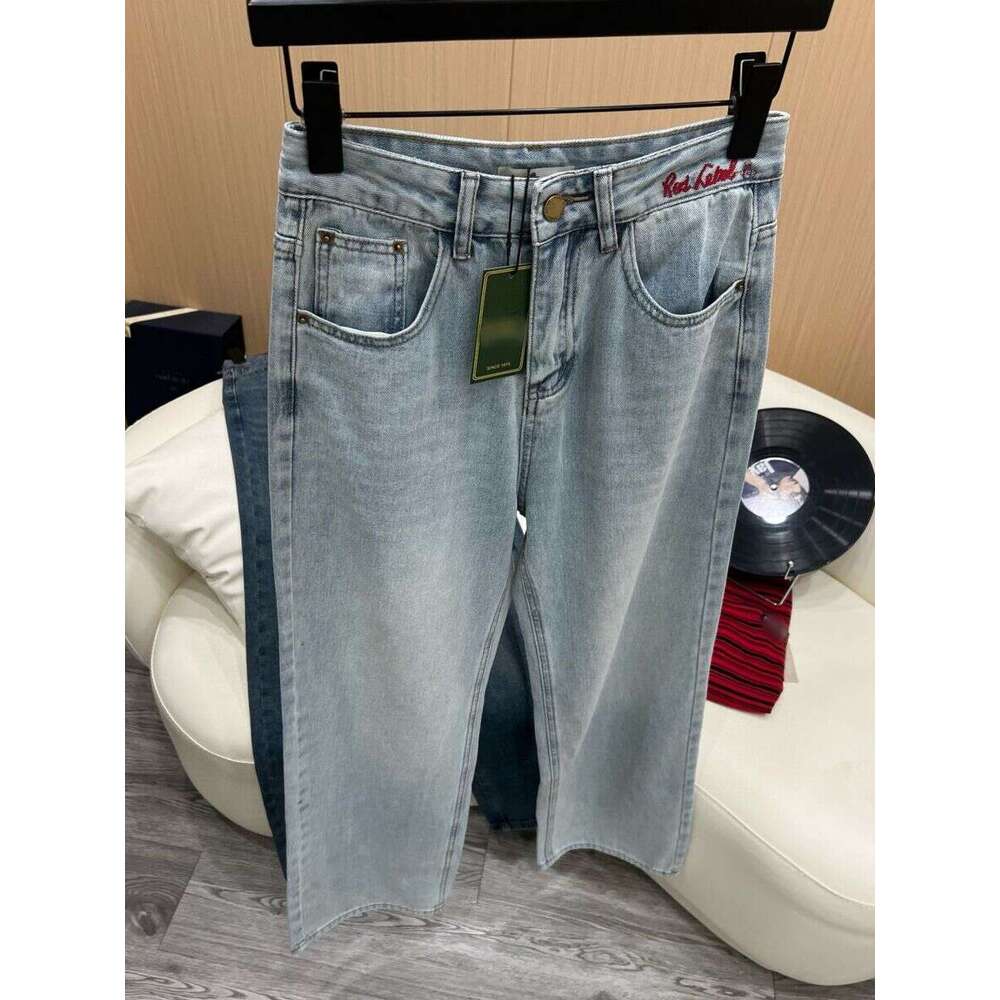 New Red Embroidered Narrow Edition Versatile Jeans, Leather Label Back Waist, Pocket Wide Straight Leg Pants For Women