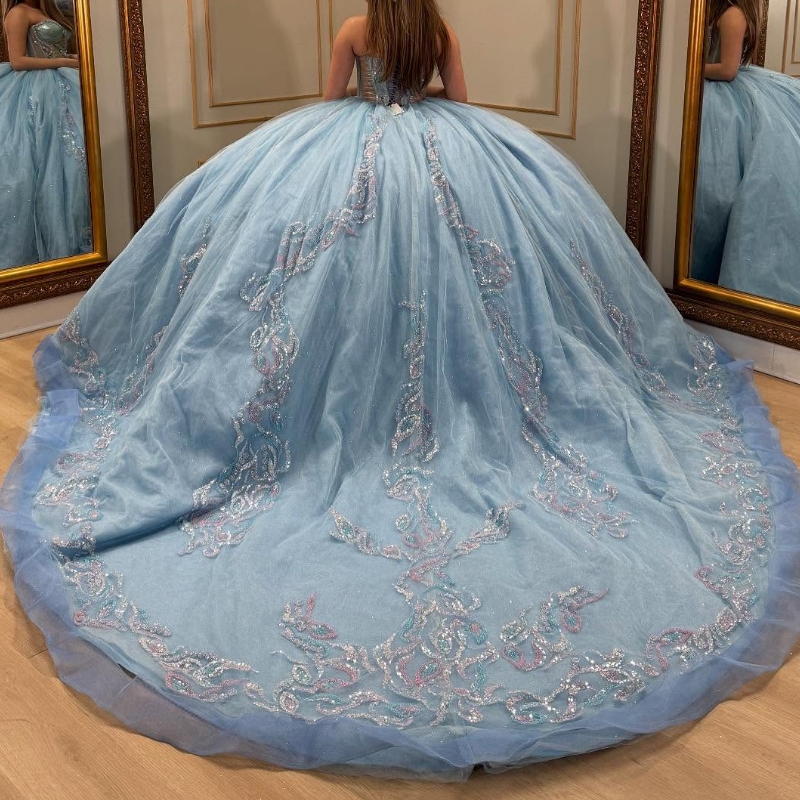 Sky Blue Quinceanera Dresses Ball Gown Off Shoulder Sequin Applique Lace Beads Tull Corset Sweet 16 Dress Vestidos 15 De Anos