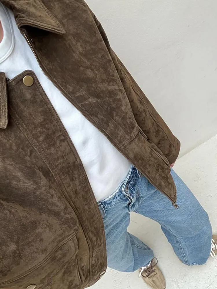 Casual Suede Jacket For Women With Pockets Vintage Turndown Collar Full Sleeve Zipper Female Bomber Spring Solid Ladies Suit 250306