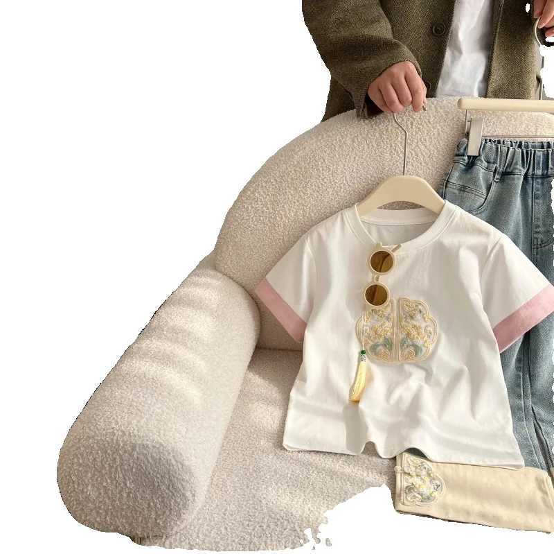 Children Girls 2025 Korean Summer T Shirts Patchwork Embroidery Cotton Round Collar Short Sleeve Kid Girls Tops Baby Girls TeesT250306